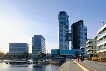 Skyscrapers on waterfront with marina in Gdynia, Poland