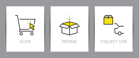 Buy online, order picking and collect with your car. Shopping online concept. Web page template. Metaphors with icons.