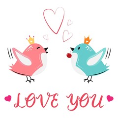 Cute happy birds in love. Pink and blue birds in the air. 