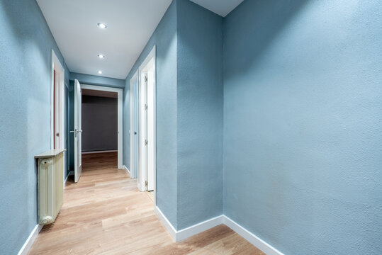 Distributor hallway with blue painted walls and wooden flooring