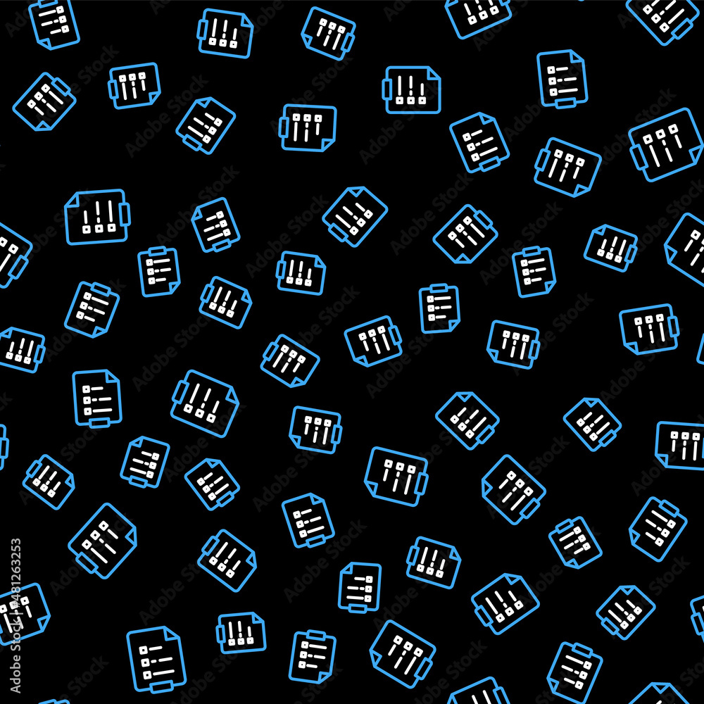 Poster line clipboard with checklist icon isolated seamless pattern on black background. control list symbo