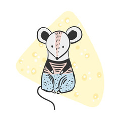 Cute sketch hand drawn color mouse illustration. Bright cartoon childish funny rat with cheese for kids print design, textile decoration, greeting cards, print, stickers, logo