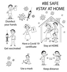 coronavirus, stay home, coloring book for kids, covid 19 protection instruction, covid-19, get vaccinated!, vaccine, disease, epidemic, distance, pandemic, family protection, we vaccinate, family, car
