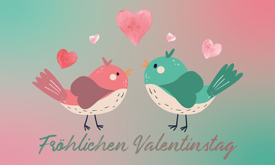 Karte oder Banner, um einen fröhlichen Valentinstag in Grau und Grün zu wünschen, dargestellt durch zwei grüne und rosafarbene Vögel auf einem grün-rosa Hintergrund mit Farbverlauf und rosa Herzen