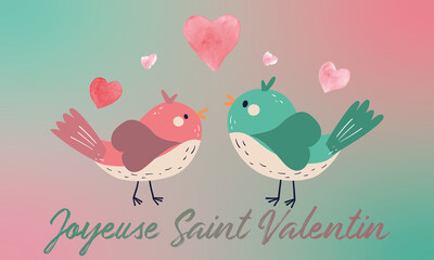 carte ou bandeau pour souhaiter une joyeuse saint valentin  en gris et vert représenté par deux oiseaux vert et rose sur un fond en dégradé vert et rose avec des coeurs rose