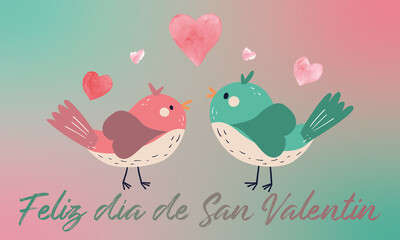 tarjeta o pancarta para desear un feliz día de San Valentín en gris y verde representado por dos pájaros verdes y rosas sobre un fondo degradado verde y rosa con corazones rosas
