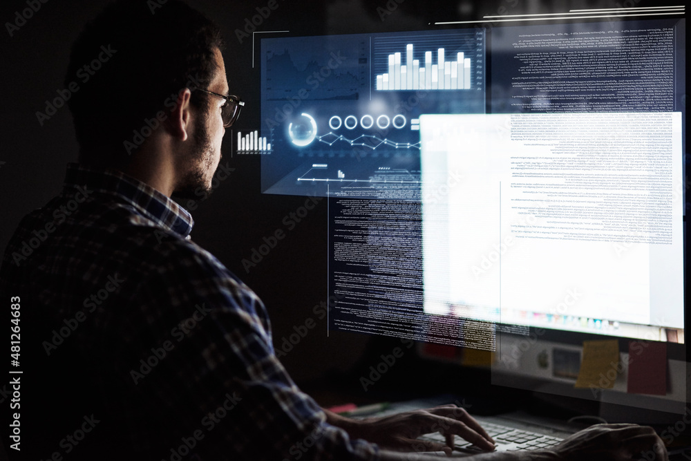 Poster Encoding in progress. Cropped shot of a young computer programmer looking through data.