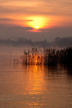 alba su lago con canneto