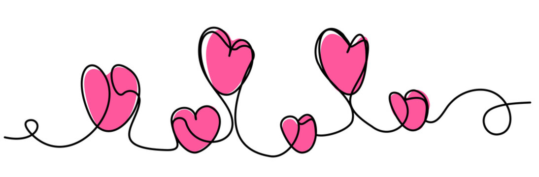 Pink hearts in one line on a white background. Vector element for valentines, wedding invitations, declarations of love..