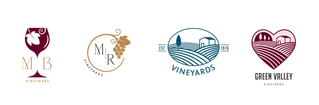 Wine, vineyard, organic natural winery logo collection. Vineyard field and grapes symbols and icons 