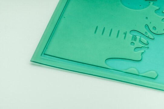 Polymer flexographic printing plate. Clean flexo form for printing machine. Selective focus