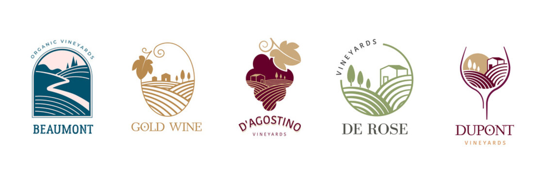Wine, vineyard, organic natural winery logo collection. Vineyard field and grapes symbols and icons 