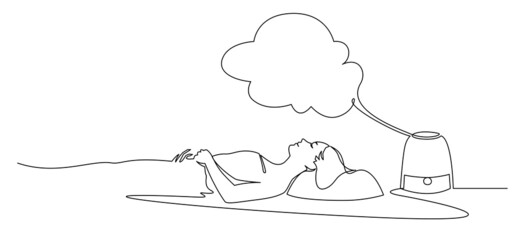 Woman sleeping near humidifier with steam jet continuous line vector illustration