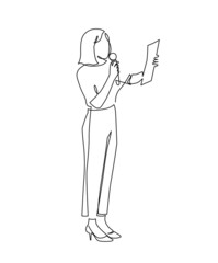 Female artist reading text paper sheet talking into microphone performance stage continuous line - obrazy, fototapety, plakaty
