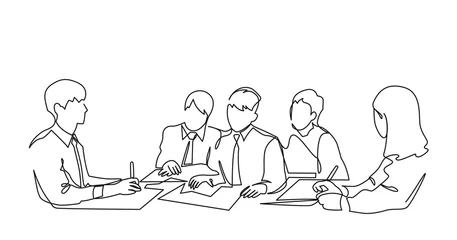 Acrylic prints One line Group of people working continuous one line vector drawing. Students preparing to exams, doing homework hand drawn characters. Coworking. Job meeting, discussion.