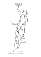 Woman at cycling class exercise bike spinning fitness continuous line vector illustration