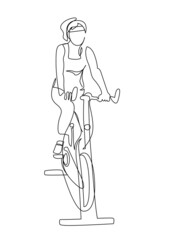 Woman at cycling class exercise bike spinning fitness continuous line vector illustration