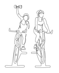 Two woman at cycling class exercise bike spinning fitness continuous line vector illustration. Simple ink sports female training on gym equipment with dumbbell workout cycle training isolated - obrazy, fototapety, plakaty