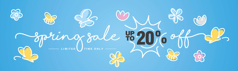 Spring Sale up to 20 % off handwritten typography lettering line design colorful flowers bees butterflies tulips blue greeting card