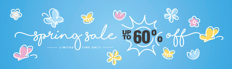 Spring Sale up to 60 % off handwritten typography lettering line design colorful flowers bees butterflies tulips blue greeting card