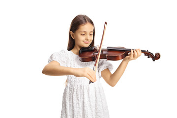 Smiling girl in a white dress playing a violin