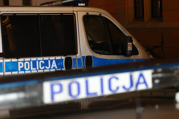 Sygnalizator błyskowy niebieski na dachu radiowozu policji polskiej w nocy na drodze.  - obrazy, fototapety, plakaty