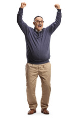 Full length portrait of an excited mature man gesturing happiness