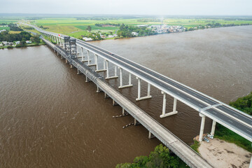 Aerial view of the old and new bridges over the Clarence River at Harwood, Australia.