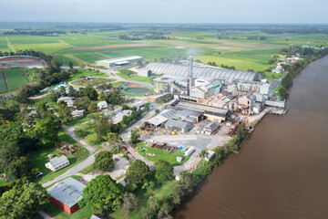 Aerial view of a sugar mill at Harwood, NSW, Australia. 