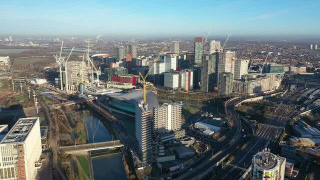 Aerial drone video of iconic Stratford area in London, United Kingdom