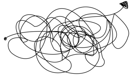 Arrow with a confusing one line upward movement on a white background. Stock pointer with a chaotic route. Vector illustration with the concept of achieving goals.