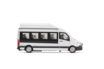 Side view shot of people travelling with a white van