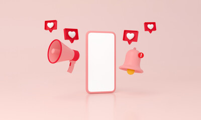 Fototapeta na wymiar Notification message bell, Smartphone, Megaphone and like heart icon on minimal pink background. 3D rendering.