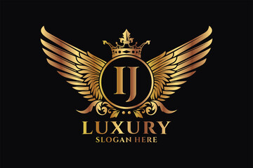 Luxury royal wing Letter IJ crest Gold color Logo vector, Victory logo, crest logo, wing logo, vector logo template.