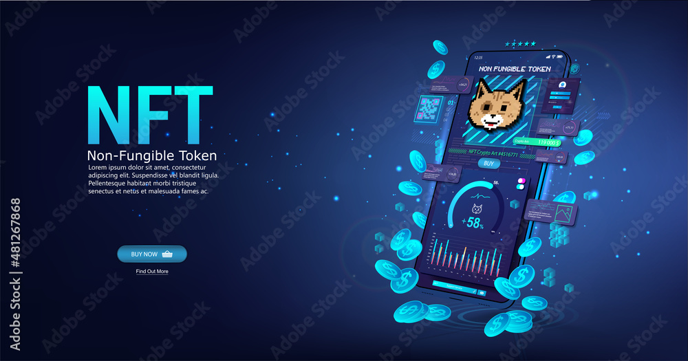 Poster buy nft crypto token with mobile phone app. banner non-fungible token and smartphone with app for bu