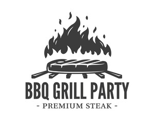 Barbecue logo with steaks on fire on grill isolated on white background. BBQ concept. Vector illustration
