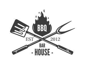 Barbecue logo with spatula fork and fire isolated on white background. BBQ concept. Vector illustration
