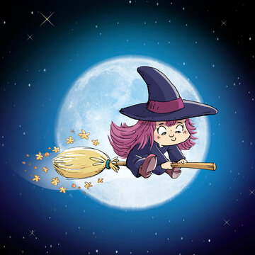 Illustration of witch girl flying with broom in front of the moon