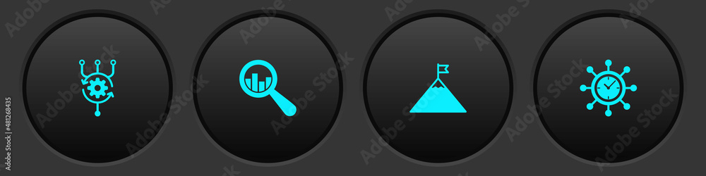 Poster set algorithm, magnifying glass and analysis, mountains flag and clock gear icon. vector