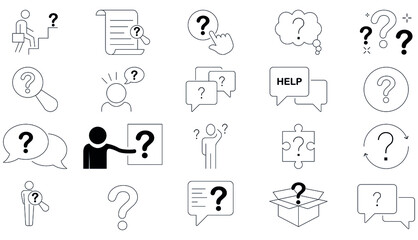 Simple question related icon set. Contains such Icons as Puzzle, Confused Man, Question Mark and more. Vector illustration. Editable Stroke