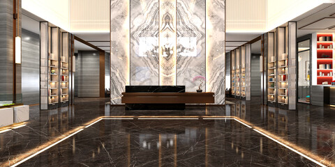 3d render of luxury hotel reception lobby