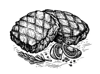 Hand drawn sketch steak. Isolated food on white background. BBQ vector illustration