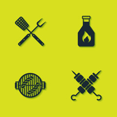 Set Crossed fork and spatula, Grilled shish kebab, Barbecue grill with sausage and Ketchup bottle icon. Vector