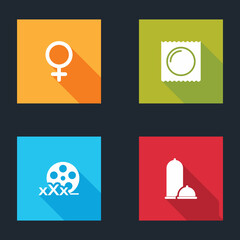 Set Female gender symbol, Condom in package, Film reel with Sex and Condoms safe sex icon. Vector