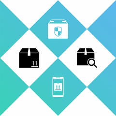 Set Cardboard box with traffic, Mobile app tracking, Delivery security shield and Search package icon. Vector