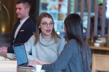 Executives during friendly discussion, month reporting, creative meeting. Concept of business, finance, occupation, job