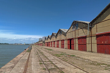 Panorama of Cais Mauá on a sunny day, a section of the river port of Porto Alegre city, Rio Grande Sul, Southern Brazil.