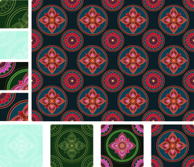 Vector illustration set of tibetan print seamless art pattern seamless mandala pattern with red lotus flower. blue background
