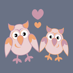 two owls in love with hearts. Cartoon birds. Pastiche. Children drawing
