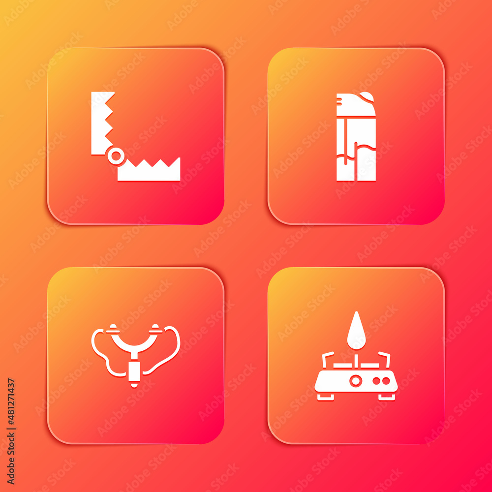 Sticker Set Trap hunting, Lighter, Slingshot and Camping gas stove icon. Vector